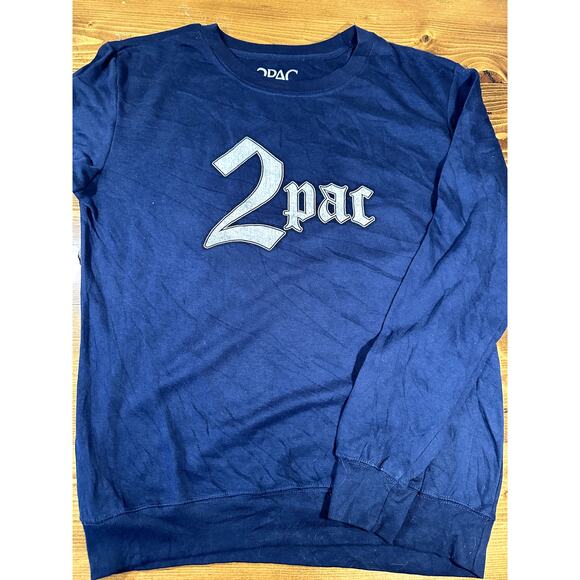 2Pac y2k 90's Rap Music Crewneck Blue Doube Sided Sweater Large - Picture 1 of 6